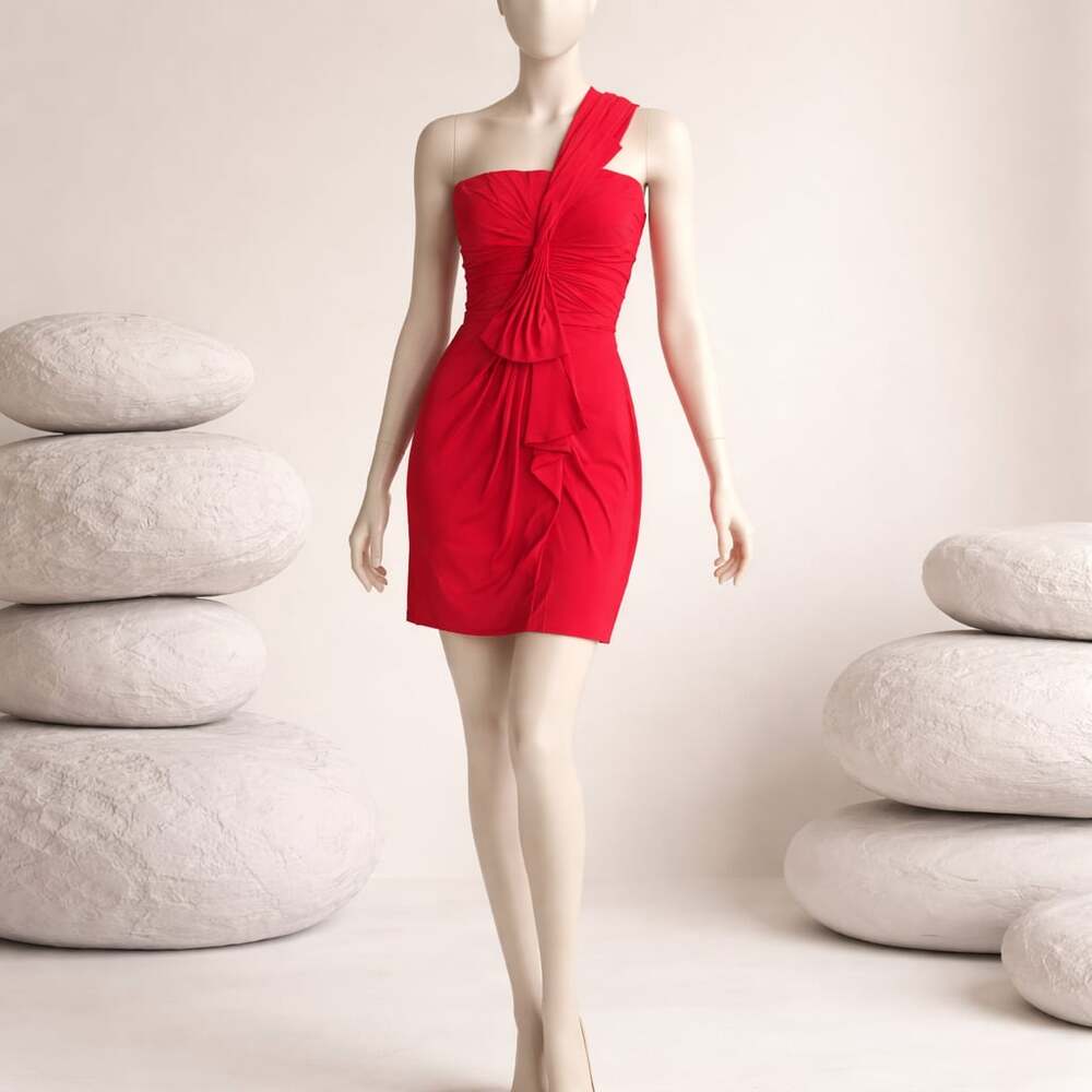 BCBGMAXAZRIA Red One-Shoulder Bow Cocktail Dress Size 2